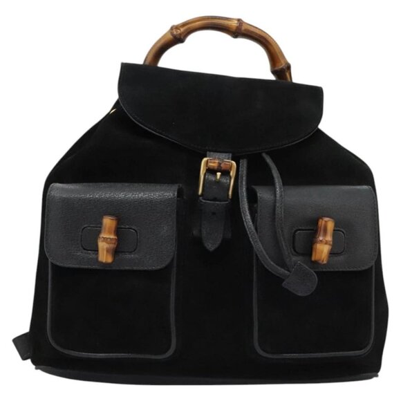 GUCCI Bamboo Backpack Suede Leather Black - Picture 1 of 16